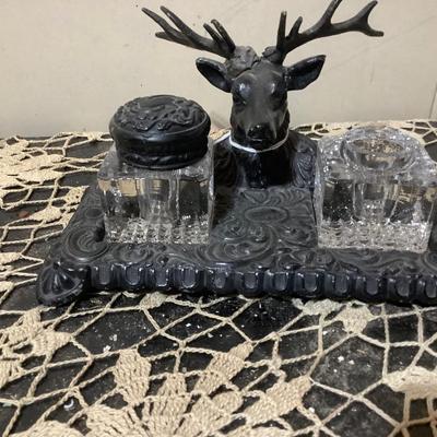 Sale Photo Thumbnail #243: You get silver metal deer with dual glass ink well. Missing one cap