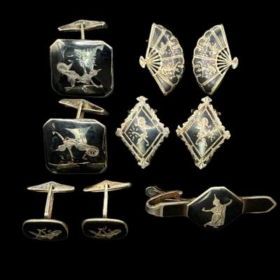 Sale Photo Thumbnail #731: **WIRE TRANSFER IS REQUIRED IF SHIPPED.** [51.31g] Includes two pairs of earrings, two pairs of cufflinks, and a tie bar. Total of nine pieces. These have the classic enamel over silver look by Siam. **ALL PRECIOUS METALS SALES ARE FINAL. NO REFUNDS WILL 