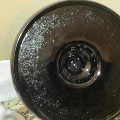 Sale Photo Thumbnail #318: You get a great black glass tray, milk glass dove on a nest, and lady mini desk lamp.