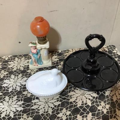 Sale Photo Thumbnail #312: You get a great black glass tray, milk glass dove on a nest, and lady mini desk lamp.