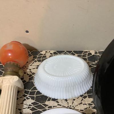 Sale Photo Thumbnail #319: You get a great black glass tray, milk glass dove on a nest, and lady mini desk lamp.