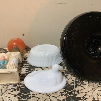 Sale Photo Thumbnail #316: You get a great black glass tray, milk glass dove on a nest, and lady mini desk lamp.