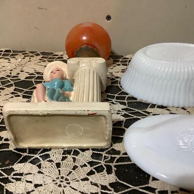 Sale Photo Thumbnail #317: You get a great black glass tray, milk glass dove on a nest, and lady mini desk lamp.