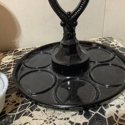 Sale Photo Thumbnail #314: You get a great black glass tray, milk glass dove on a nest, and lady mini desk lamp.