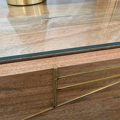 Sale Photo Thumbnail #251: West Elm Nightstand #1. Modern wood with geometric brass accent. Measures 24"W x 24"H. There are 2 exact nightstands available. You are only bidding on one here. Please see item 37KBMN to bid on nightstand #2.