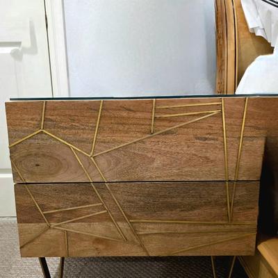 Sale Photo Thumbnail #249: West Elm Nightstand #1. Modern wood with geometric brass accent. Measures 24"W x 24"H. There are 2 exact nightstands available. You are only bidding on one here. Please see item 37KBMN to bid on nightstand #2.