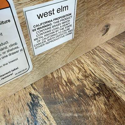 Sale Photo Thumbnail #253: West Elm Nightstand #1. Modern wood with geometric brass accent. Measures 24"W x 24"H. There are 2 exact nightstands available. You are only bidding on one here. Please see item 37KBMN to bid on nightstand #2.