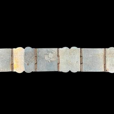 Sale Photo Thumbnail #738: **WIRE TRANSFER IS REQUIRED IF SHIPPED.** [44.36g] This piece features raised hollow beads, along with what is believed to be polished green agate or other organic stone. Marked “Made in Mexico.” Measurement: 7.25”L (with clasp).  **ALL PRECIOUS MET