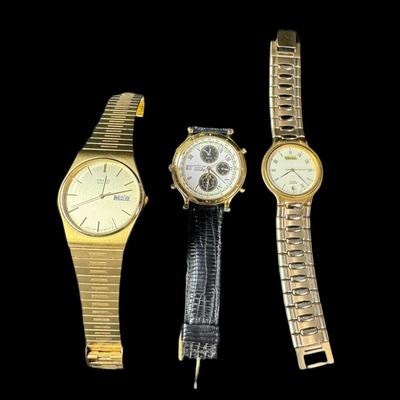 Sale Photo Thumbnail #743: Includes a Les Bernard multi-strand lapis necklace, an onyx necklace, a nephride necklace, a malachite necklace, and men’s Seiko watches. Total of nine pieces. Watches not tested. Measurement of longest piece: 14”. [CS]