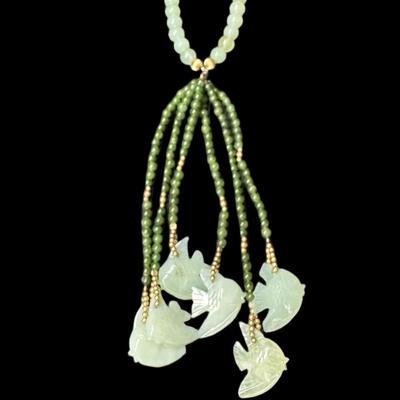 Sale Photo Thumbnail #741: Includes a Les Bernard multi-strand lapis necklace, an onyx necklace, a nephride necklace, a malachite necklace, and men’s Seiko watches. Total of nine pieces. Watches not tested. Measurement of longest piece: 14”. [CS]