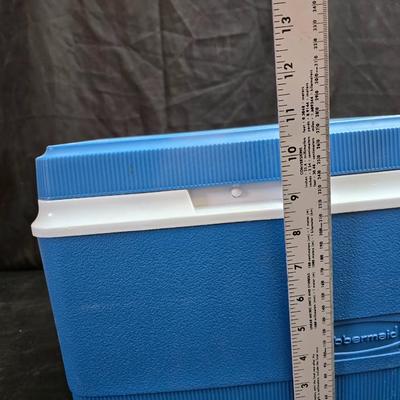 Small Rubbermaid cooler with a Gott water cooler and a thermos