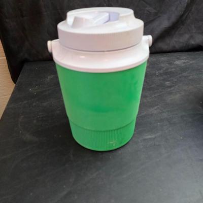 Small Rubbermaid cooler with a Gott water cooler and a thermos