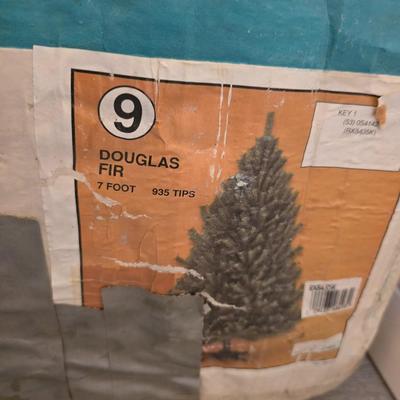 7 foot Douglas fir tree with Wreath, tree stand, vintage tablecloth, tree skirt, Jingle bells, Angel tree topper and more