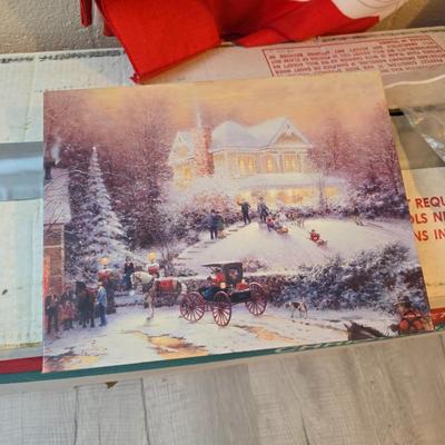 7 foot Douglas fir tree with Wreath, tree stand, vintage tablecloth, tree skirt, Jingle bells, Angel tree topper and more