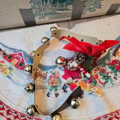 7 foot Douglas fir tree with Wreath, tree stand, vintage tablecloth, tree skirt, Jingle bells, Angel tree topper and more