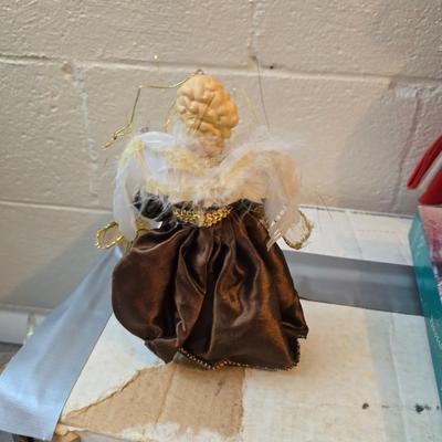 7 foot Douglas fir tree with Wreath, tree stand, vintage tablecloth, tree skirt, Jingle bells, Angel tree topper and more