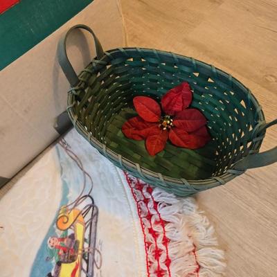 7 foot Douglas fir tree with Wreath, tree stand, vintage tablecloth, tree skirt, Jingle bells, Angel tree topper and more