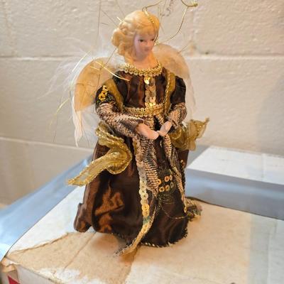 7 foot Douglas fir tree with Wreath, tree stand, vintage tablecloth, tree skirt, Jingle bells, Angel tree topper and more