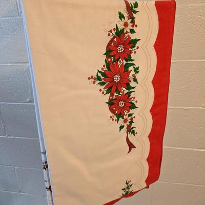 7 foot Douglas fir tree with Wreath, tree stand, vintage tablecloth, tree skirt, Jingle bells, Angel tree topper and more