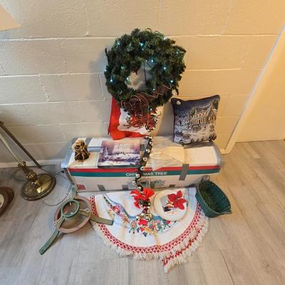 7 foot Douglas fir tree with Wreath, tree stand, vintage tablecloth, tree skirt, Jingle bells, Angel tree topper and more