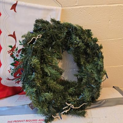 7 foot Douglas fir tree with Wreath, tree stand, vintage tablecloth, tree skirt, Jingle bells, Angel tree topper and more