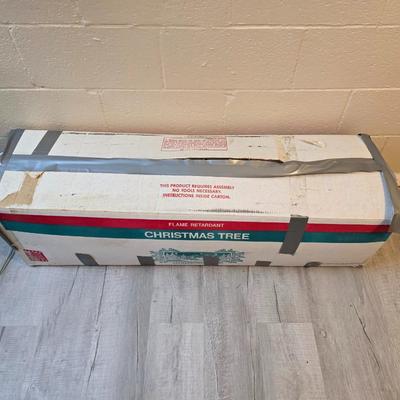 7 foot Douglas fir tree with Wreath, tree stand, vintage tablecloth, tree skirt, Jingle bells, Angel tree topper and more