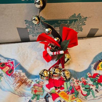 7 foot Douglas fir tree with Wreath, tree stand, vintage tablecloth, tree skirt, Jingle bells, Angel tree topper and more