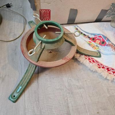 7 foot Douglas fir tree with Wreath, tree stand, vintage tablecloth, tree skirt, Jingle bells, Angel tree topper and more