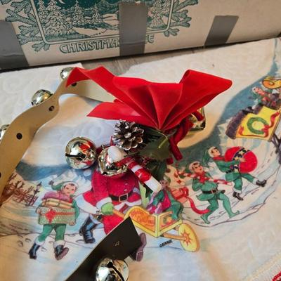 7 foot Douglas fir tree with Wreath, tree stand, vintage tablecloth, tree skirt, Jingle bells, Angel tree topper and more