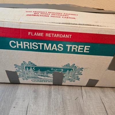 7 foot Douglas fir tree with Wreath, tree stand, vintage tablecloth, tree skirt, Jingle bells, Angel tree topper and more