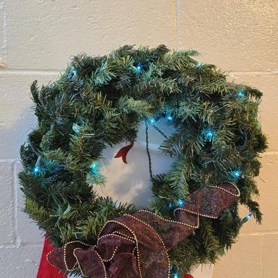 7 foot Douglas fir tree with Wreath, tree stand, vintage tablecloth, tree skirt, Jingle bells, Angel tree topper and more