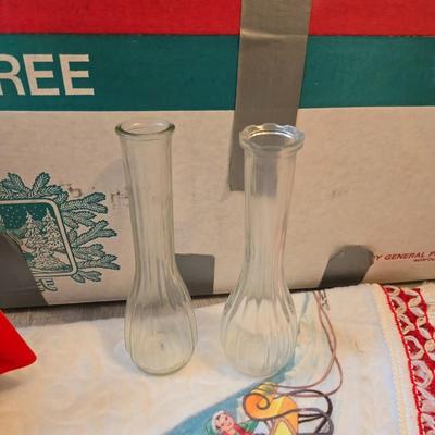 7 foot Douglas fir tree with Wreath, tree stand, vintage tablecloth, tree skirt, Jingle bells, Angel tree topper and more