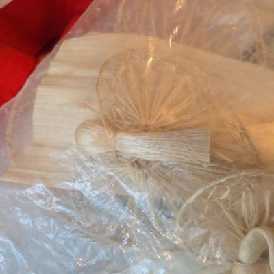 7 foot Douglas fir tree with Wreath, tree stand, vintage tablecloth, tree skirt, Jingle bells, Angel tree topper and more