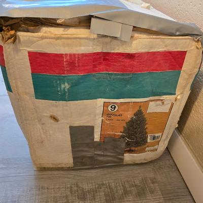 7 foot Douglas fir tree with Wreath, tree stand, vintage tablecloth, tree skirt, Jingle bells, Angel tree topper and more