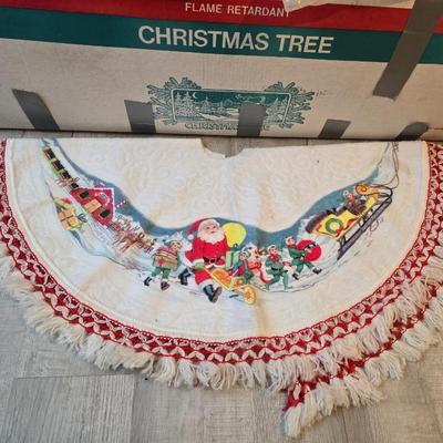 7 foot Douglas fir tree with Wreath, tree stand, vintage tablecloth, tree skirt, Jingle bells, Angel tree topper and more