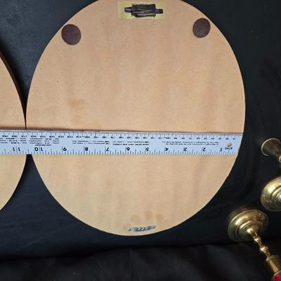 Completed and framed Paragon Needlecraft Exquisite Hummel artwork - three brass candle sticks and two Norleans Angel figures