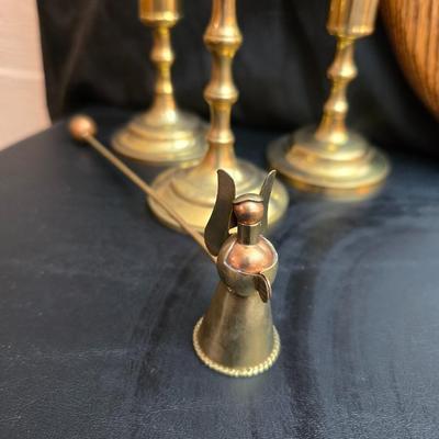 Completed and framed Paragon Needlecraft Exquisite Hummel artwork - three brass candle sticks and two Norleans Angel figures