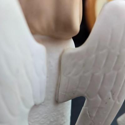 Completed and framed Paragon Needlecraft Exquisite Hummel artwork - three brass candle sticks and two Norleans Angel figures