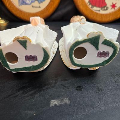 Completed and framed Paragon Needlecraft Exquisite Hummel artwork - three brass candle sticks and two Norleans Angel figures