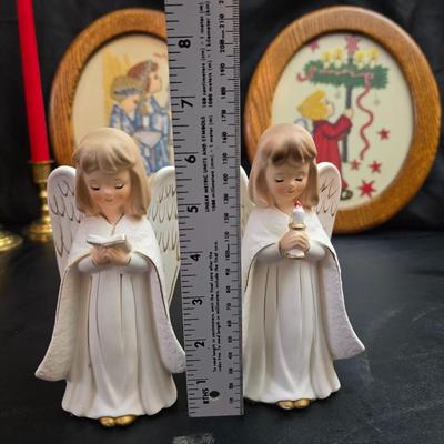 Completed and framed Paragon Needlecraft Exquisite Hummel artwork - three brass candle sticks and two Norleans Angel figures