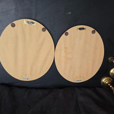 Completed and framed Paragon Needlecraft Exquisite Hummel artwork - three brass candle sticks and two Norleans Angel figures