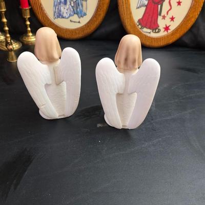 Completed and framed Paragon Needlecraft Exquisite Hummel artwork - three brass candle sticks and two Norleans Angel figures