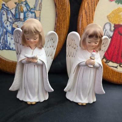 Completed and framed Paragon Needlecraft Exquisite Hummel artwork - three brass candle sticks and two Norleans Angel figures