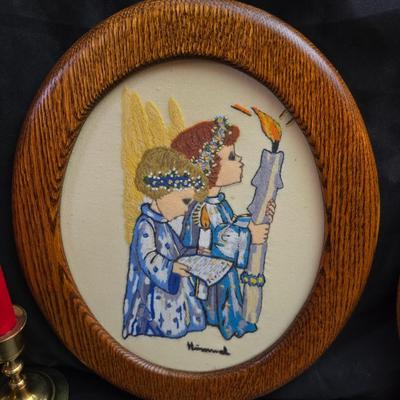 Completed and framed Paragon Needlecraft Exquisite Hummel artwork - three brass candle sticks and two Norleans Angel figures