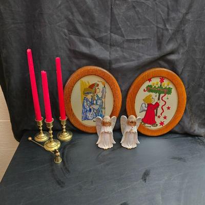 Completed and framed Paragon Needlecraft Exquisite Hummel artwork - three brass candle sticks and two Norleans Angel figures