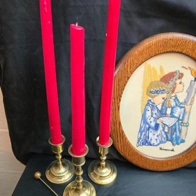 Completed and framed Paragon Needlecraft Exquisite Hummel artwork - three brass candle sticks and two Norleans Angel figures