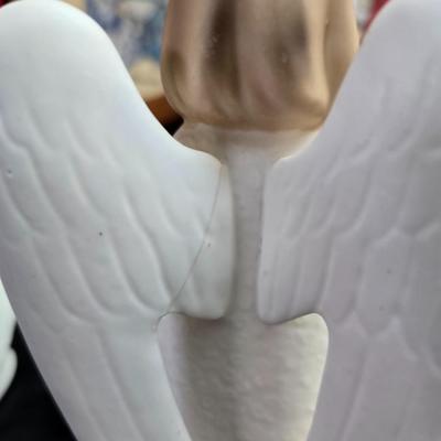 Completed and framed Paragon Needlecraft Exquisite Hummel artwork - three brass candle sticks and two Norleans Angel figures