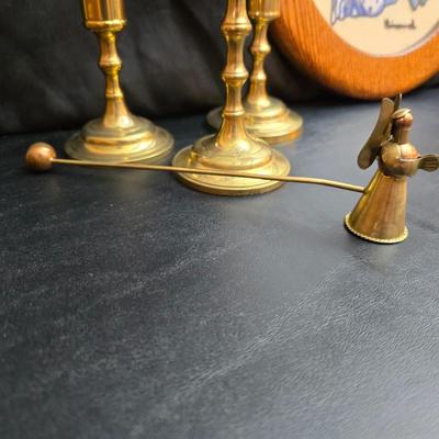 Completed and framed Paragon Needlecraft Exquisite Hummel artwork - three brass candle sticks and two Norleans Angel figures