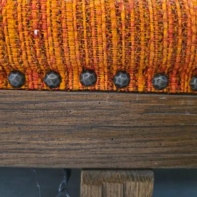Vintage A. Brandt Ranch Oak sofa with original orange textured fabric cushions.