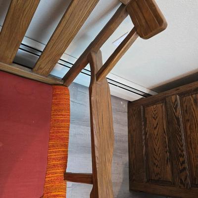 Vintage A. Brandt Ranch Oak sofa with original orange textured fabric cushions.